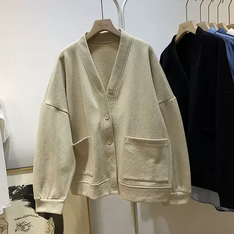 大码200斤慵懒风V领外套女时髦春秋款胖MM宽松单排扣开衫长袖上衣商品大图