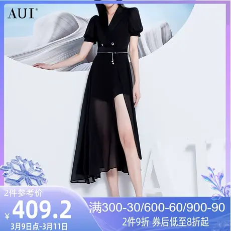 AUI黑色连体裤女2023夏季新款设计感高腰修身显瘦短裤雪纺连体衣图片