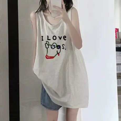 美式纯棉吊带坎肩背心无袖t恤女夏季设计感小众外穿宽松挂脖上衣图片