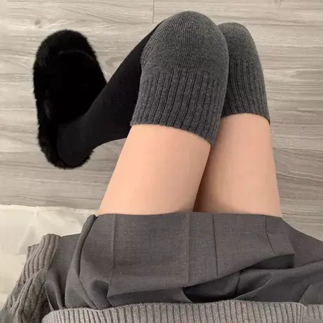 拼色袜子女春秋款中筒黑灰拼接长筒过膝半腿ins潮学生黑色小腿袜商品大图