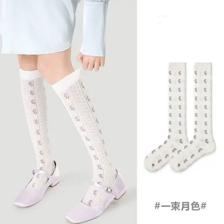 女袜2024春夏款竖条纹网眼小腿袜小众风花卉过膝透气纯棉长筒袜潮商品大图