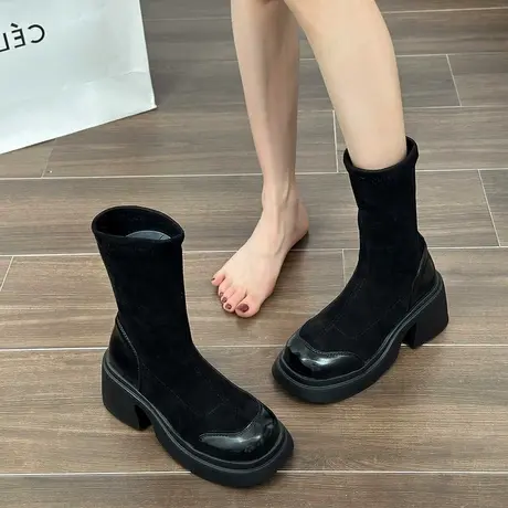高跟短靴女2023新款秋季时尚弹力中筒瘦瘦靴小个子厚底黑色马丁靴图片