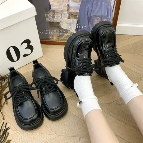 百搭高跟乐福鞋女2024春秋新款粗跟学院防滑单鞋配裙子大头小皮鞋商品大图