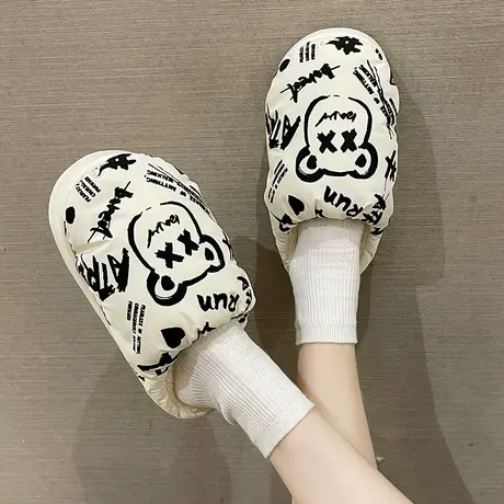 羽绒布防水棉拖鞋女士冬季防滑厚底卡通涂鸦加绒保暖室内居家拖鞋商品大图