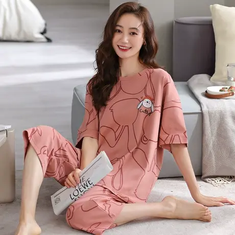婷美夏季睡衣女士纯棉薄款短袖七分裤套头休闲可外穿家居服两件套商品大图