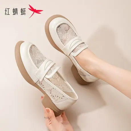 红蜻蜓女鞋网纱乐福鞋女夏季透气2023新款真皮女士皮鞋软底单鞋女商品大图