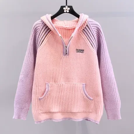 复古软糯温柔风半拉链连帽毛衣女秋冬2023新款宽松外穿针织衫上衣商品大图
