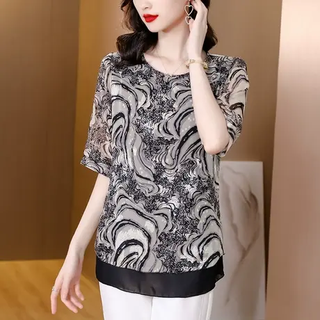 胖MM妈妈2023新款夏装短袖t恤洋气遮肚子小衫中年妇女漂亮女上衣商品大图