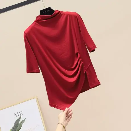 莫代尔半高领中袖T恤女2023春夏黑色五分袖不规则遮肉上衣打底衫商品大图