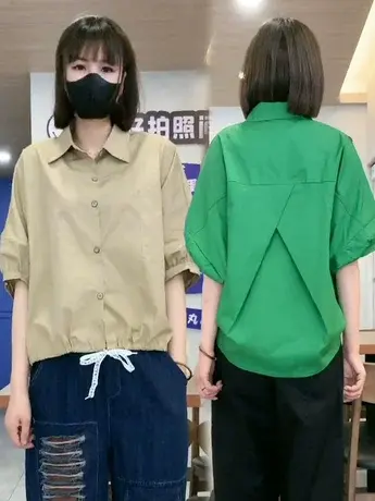 衬衫女2023夏季新款韩版宽松休闲减龄抽绳时尚百搭短袖不规则上衣商品大图