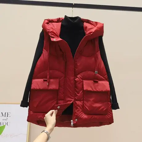 红色亮闪闪羽绒棉马甲女短款新款小个子2023爆款面包服马夹外套潮图片