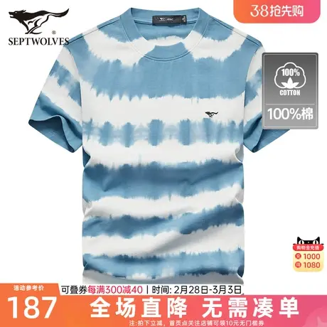 七匹狼男士短袖T恤2023夏季新款圆领纯棉绣标透气体恤休闲男装潮商品大图