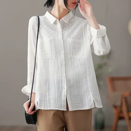 dza 文艺复古宽松亚麻上衣女士白色薄款衬衫春季新款漂亮棉麻衬衣图片