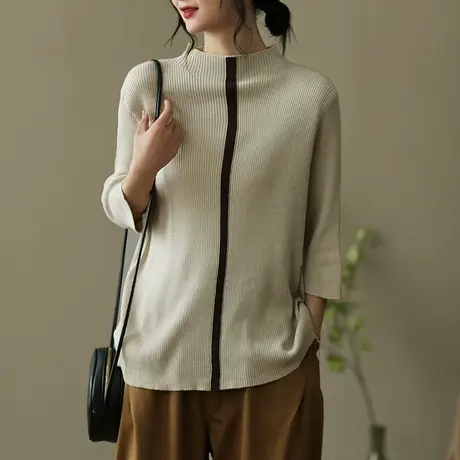 dza 复古七分袖针织衫女春季内搭打底衫宽松显瘦休闲毛衣套头上衣商品大图