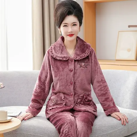 法兰绒冬季睡衣女士中老年妈妈加绒加厚夹棉家居服套装珊瑚绒新款图片