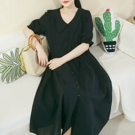胖妹妹夏季2023新款棉麻黑色短袖连衣裙大码复古尖领宽松显瘦长裙商品大图