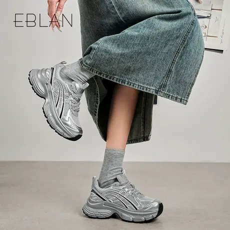 EBLAN/伊伴厚底银色老爹鞋女2025新款春夏网面透气休闲增高运动鞋商品大图