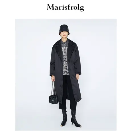 【商场同款】玛丝菲尔羽绒服冬季新款黑色翻领长款羽绒大衣商品大图