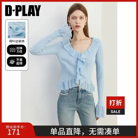 DPLAY2025年夏季新款甜美小衫V领荷叶边针织衫打底衫蓝色上衣女图片