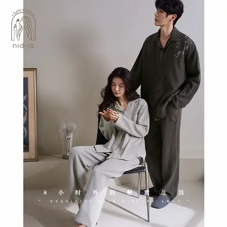 妮狄娅情侣纯棉纱布睡衣女长袖翻领男简约开衫春秋国风家居服套装商品大图