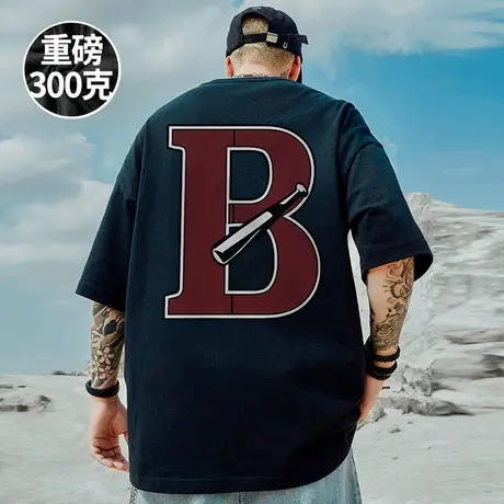 300g重磅美式b字母夏季情侣短袖t恤大码男装圆领纯棉男士半袖夏季商品大图