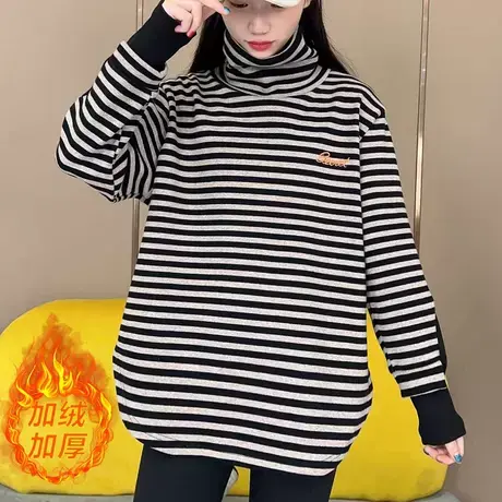 加绒加厚高领条纹打底衫爆款卫衣宽松袖口拼接百搭字母刺绣上衣潮商品大图