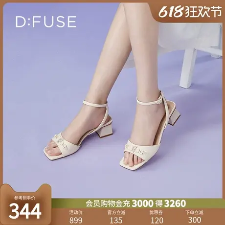 DFuse迪芙斯夏季新款方头蝴蝶钻链一字粗跟凉鞋女DF32115322图片
