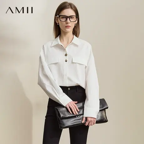 AMII【复古港风】25秋复古港风落肩袖前门襟纽扣撞色设计长袖衬衫商品大图