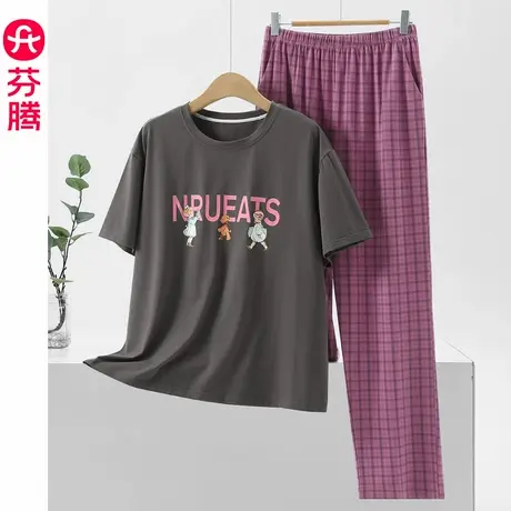 芬腾睡衣女款夏季纯棉短袖薄款2025新款可外穿时尚格子家居服套装商品大图