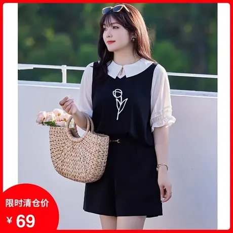 2023夏装新款大码显瘦胖MM拼接直筒宽松短袖衬衫印花雪纺上衣女商品大图