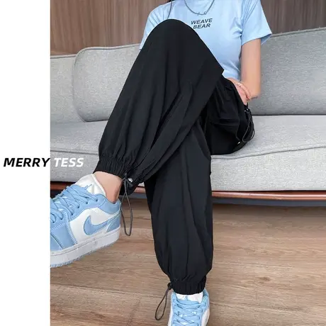 黑色休闲阔腿工装裤女秋季爆款2023年新款设计感束脚修身直筒裤子图片