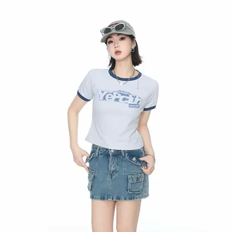 YEP2025夏季新款修身短款创意印花T恤女潮牌插肩学院运动风上衣商品大图