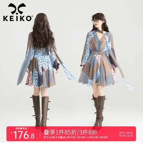 KEIKO [赠颈带] 拼色格子不规则连衣裙早秋打揽收腰显瘦雪纺裙子商品大图