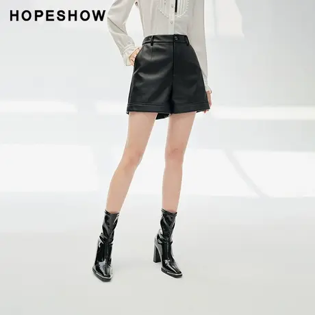 红袖outlets遮胯显瘦直筒短裤女hopeshow2023冬款翻边帅气pu皮裤图片