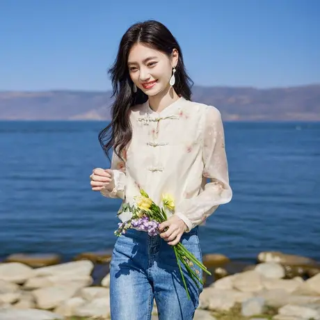 温柔气质长袖衬衫2024年初秋季新款女新中式碎花薄款百搭个性上衣商品大图