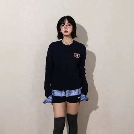 复古假两件连帽毛衣女春秋2025年新款打底开衫上衣修身拼接针织衫商品大图