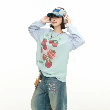 美式复古创意番茄字母印花撞色长袖T恤女春秋新款宽松情侣款上衣商品大图