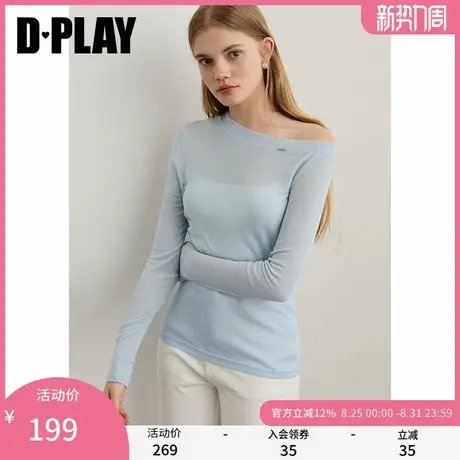 DPLAY2025秋季新款蓝色t恤女独特流行莱赛尔混纺透视罩衫修身上衣商品大图