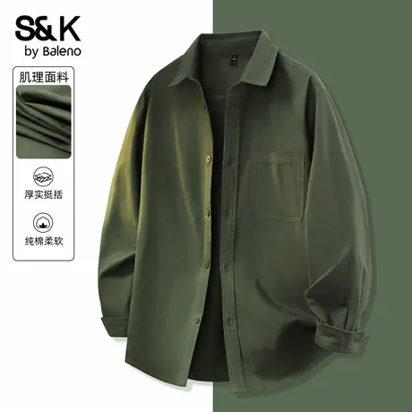班尼路S&K系列绿色长袖衬衫男秋季复古休闲衬衣男士薄款翻领外套商品大图