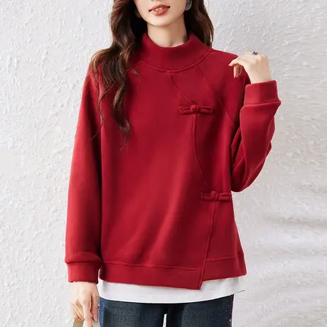 加绒卫衣女秋冬新款大码女装宽松中老年妈妈新中式半高领保暖外套商品大图