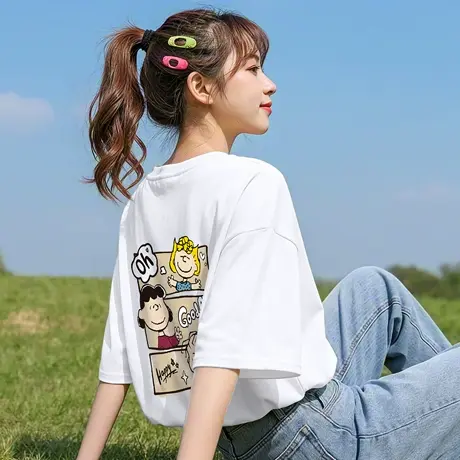 唐狮夏季短袖T恤女新款重磅百搭宽松可爱潮卡通图案学生小个子图片