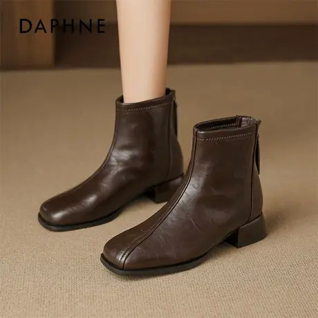 达芙妮棕色粗跟短靴子女冬2026新款巨好看切尔西皮鞋方头马丁皮靴图片