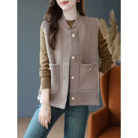 宝诗黎小立领宽松休闲马甲外套无袖毛绒上衣2023秋季新款背心外套商品大图