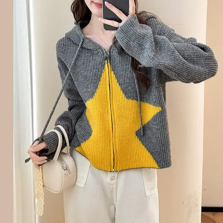 唐狮秋冬毛衣女设计感拉链连帽针织开衫女春秋外套高级感上衣tu商品大图