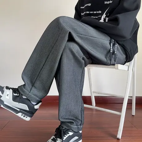 唐狮秋冬新款男休闲长裤加厚宽松直筒裤抽绳简约阔腿裤子男潮流TE图片