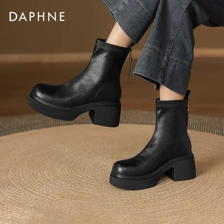 达芙妮厚底短靴女2025新款冬季加绒粗跟瘦瘦靴黑色百搭增高马丁靴商品大图