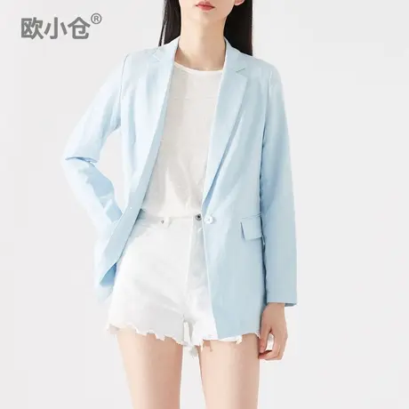 欧小仓 亚麻西装外套女夏薄款 气质中长款西服棉麻单西图片
