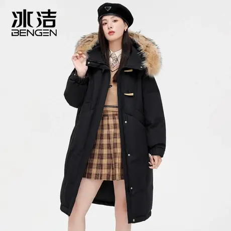 冰洁鸭绒羽绒服女2023冬季新款休闲牛角扣大毛领中长款连帽外套KB商品大图