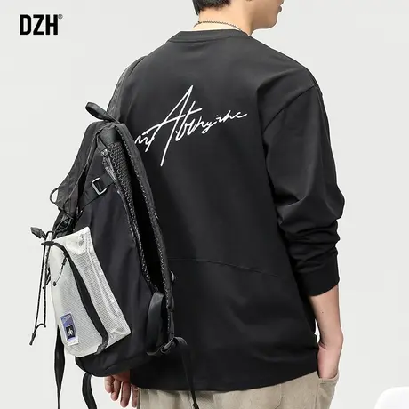 男士黑色长袖t恤男春秋季纯棉刺绣圆领上衣打底衫2023年新款体恤图片