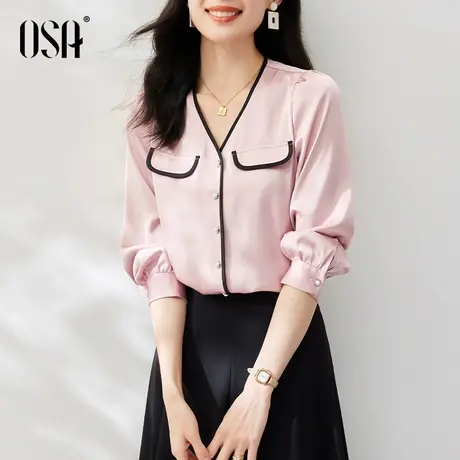 OSA欧莎粉色长袖V领缎面衬衫春装女2023年新款设计感小众衬衣上衣图片
